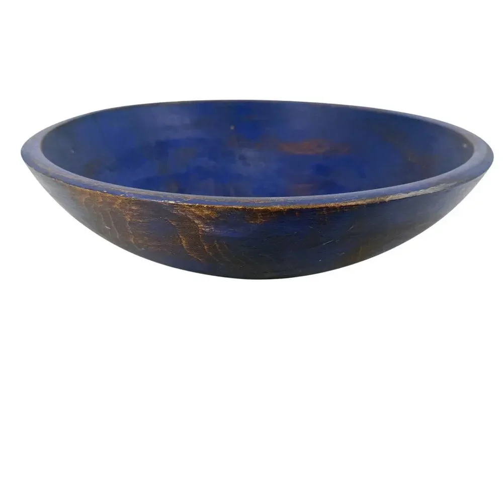 large wooden BOWL distressed blue 13
